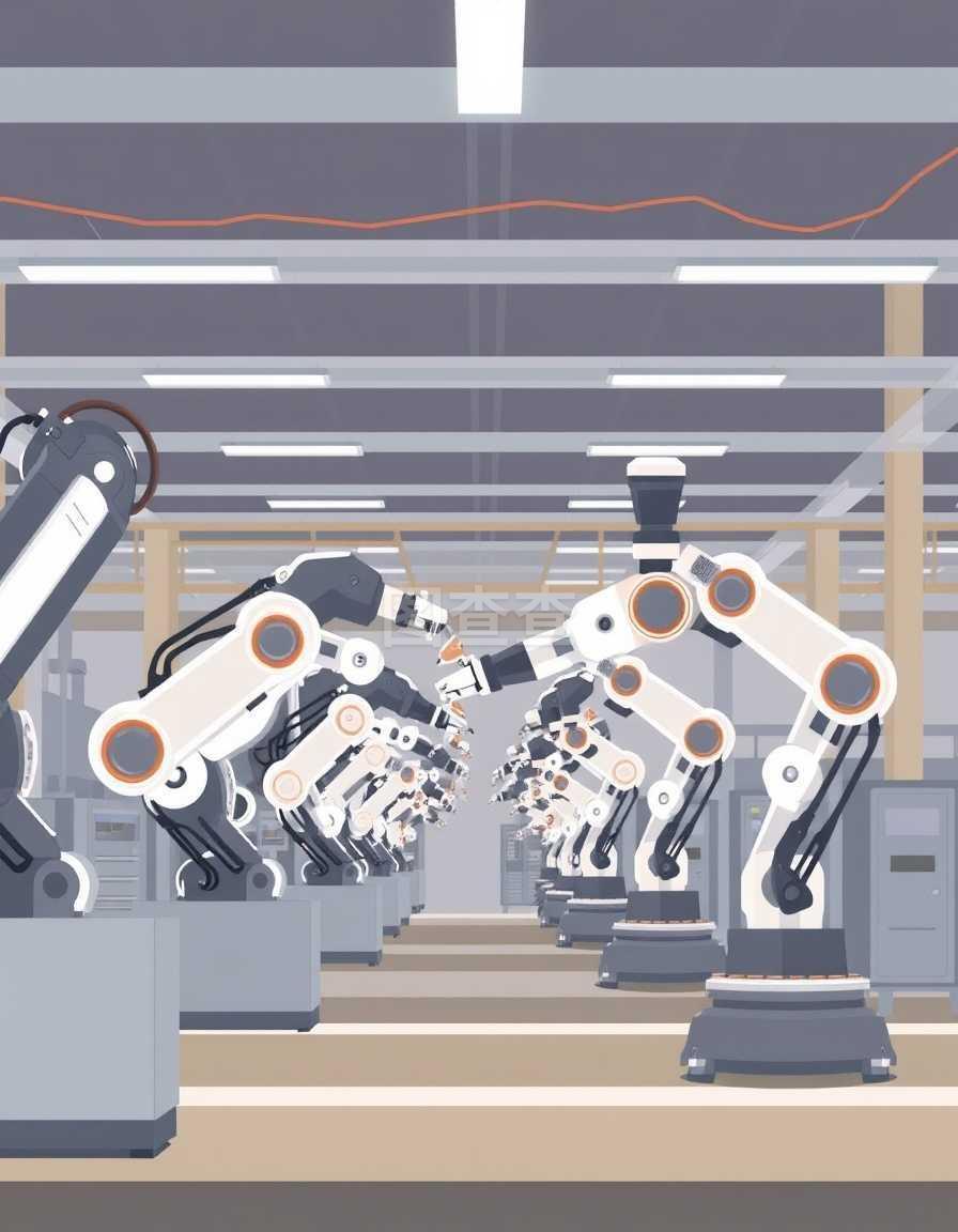 機械臂機械設備裝配機器人工廠概念平面矢量插圖